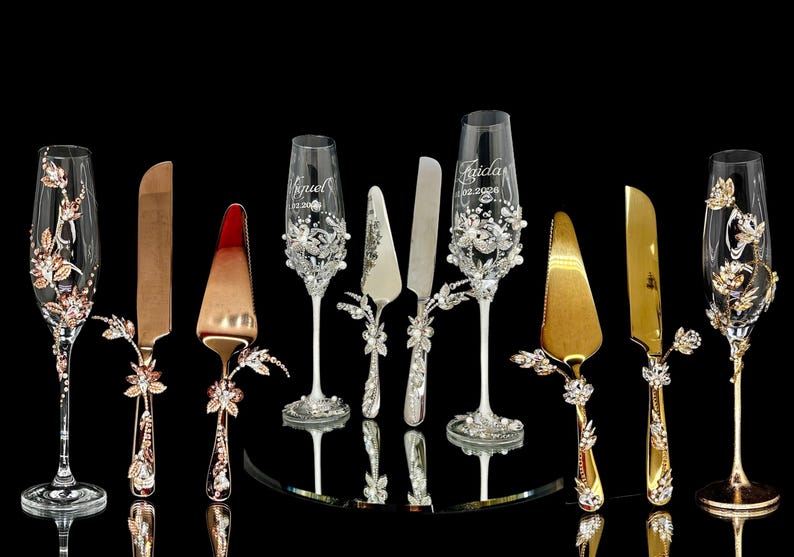 Silver Wedding Champagne Flutes Cake Server Set Jeweled Pearl Bridal Glasses Luxury Gift 4pc image 10