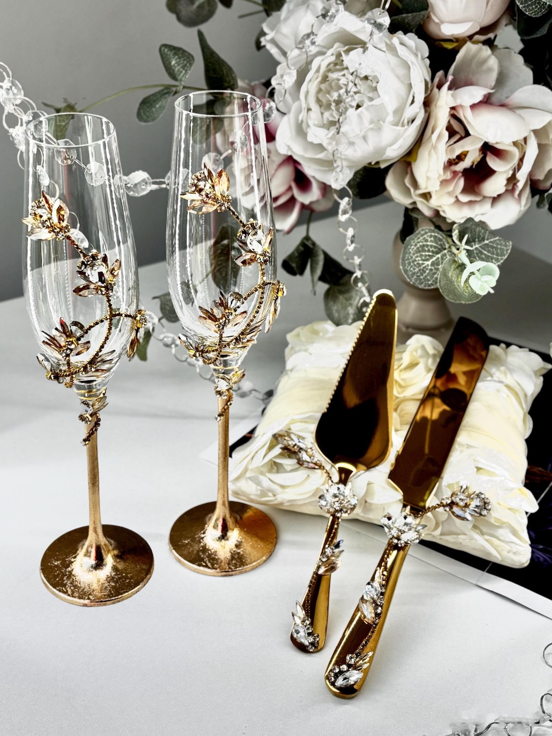 Luxury Gold Wedding Set | Crystal Flutes & Cake Server | Engraved Floral Wedding Gift for Couple