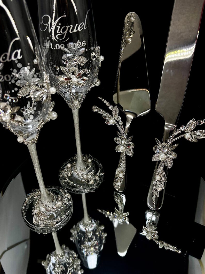 Silver Wedding Champagne Flutes Cake Server Set Jeweled Pearl Bridal Glasses Luxury Gift 4pc image 9