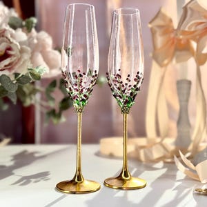 Enchanted Forest Wedding Flutes Jeweled Gold Tree Glasses Red Green Crystal Toasting Set