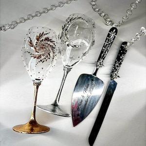 Moon and Stars Wedding Set | Celestial Toasting Glasses & Cake Server | Engraved Galaxy Knife | Cosmic Bride Groom Gift