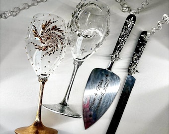 Moon and Stars Wedding Set | Celestial Toasting Glasses & Cake Server | Engraved Galaxy Knife | Cosmic Bride Groom Gift