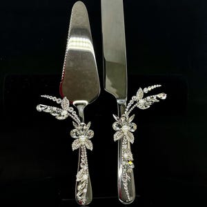 Silver Wedding Champagne Flutes Cake Server Set Jeweled Pearl Bridal Glasses Luxury Gift 4pc image 7