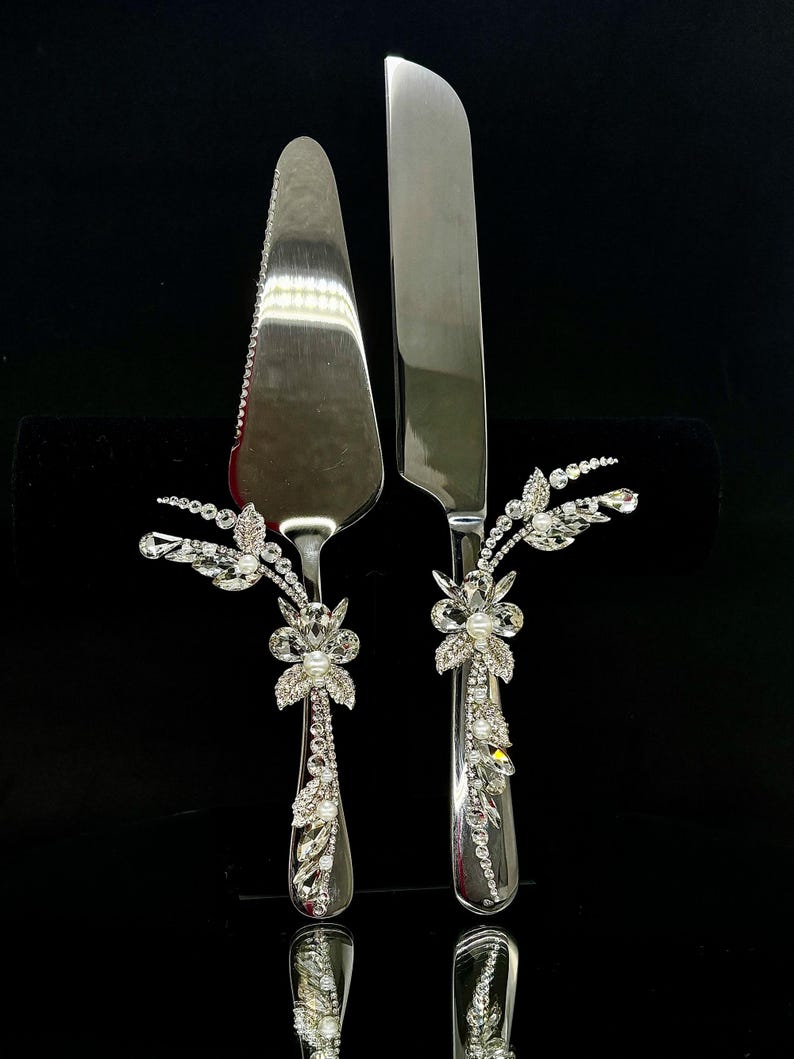 Silver Wedding Champagne Flutes Cake Server Set Jeweled Pearl Bridal Glasses Luxury Gift 4pc image 7