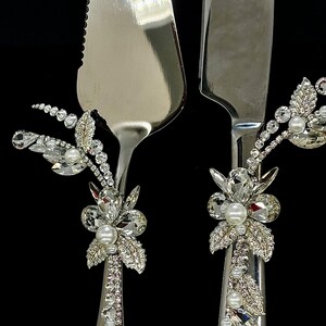 Silver Wedding Champagne Flutes Cake Server Set Jeweled Pearl Bridal Glasses Luxury Gift 4pc image 8
