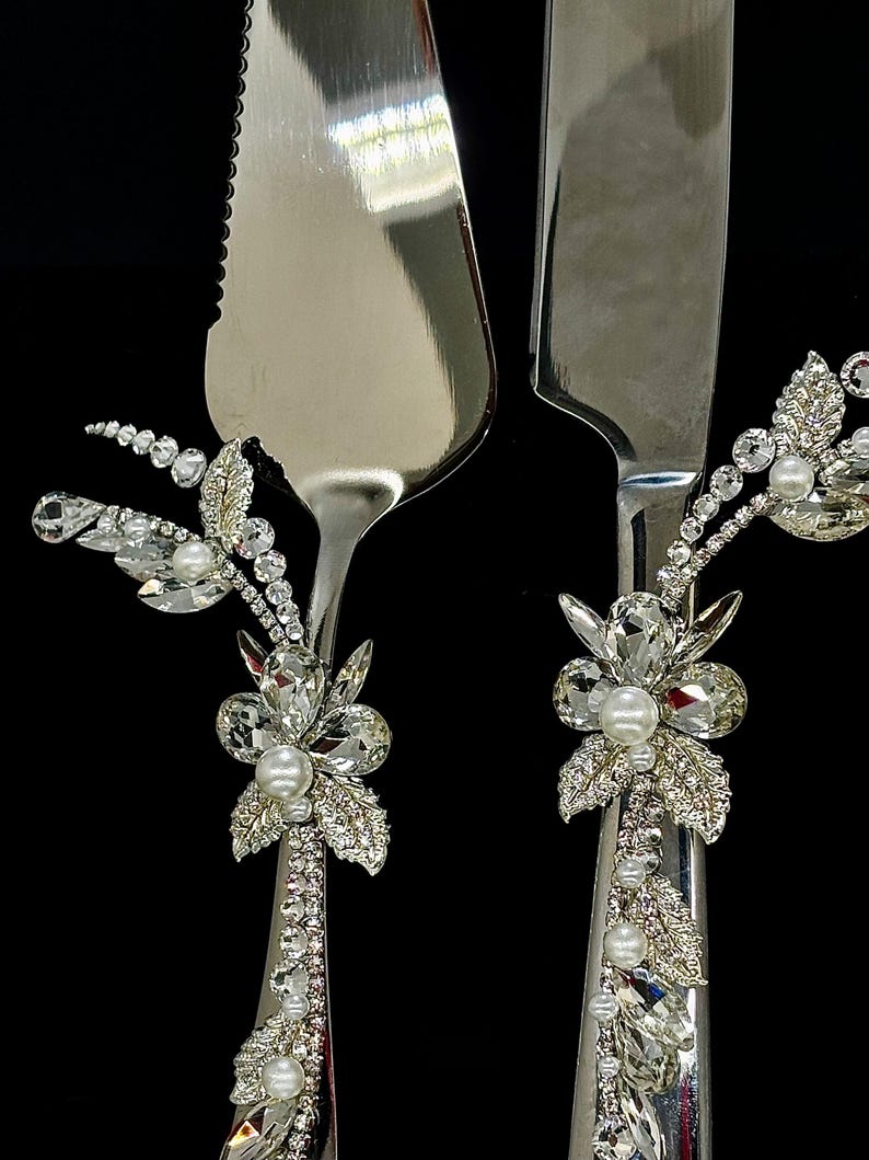 Silver Wedding Champagne Flutes Cake Server Set Jeweled Pearl Bridal Glasses Luxury Gift 4pc image 8
