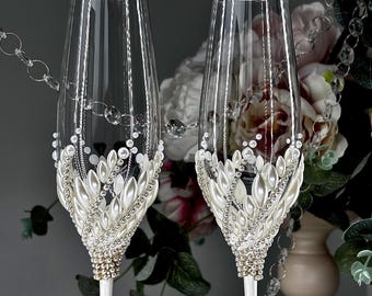 Copa de champán personalizada de perla - Copas de boda de perla - Copas de boda blancas - Regalo de boda personalizado - Copas de brindis personalizadas