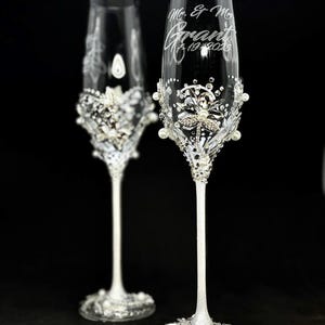 Silver Wedding Champagne Flutes Cake Server Set Jeweled Pearl Bridal Glasses Luxury Gift 4pc image 6