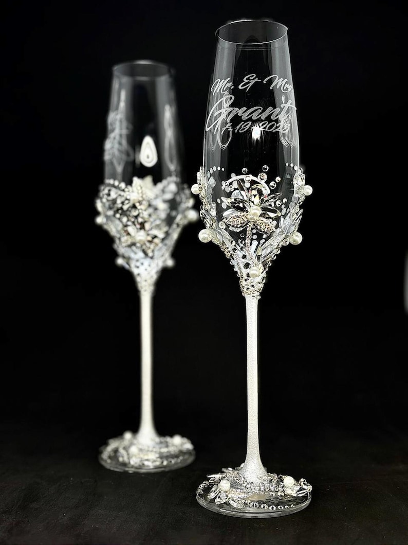 Silver Wedding Champagne Flutes Cake Server Set Jeweled Pearl Bridal Glasses Luxury Gift 4pc image 6