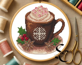 Christmas Coffee Cross Stitch Pattern. Holiday Mug Embroidery. Winter Cocoa Cross Stitch.