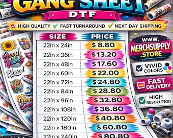 Custom DTF Gang Sheet | Fast Turnaround Next Day Shipping | Direct to Film Transfers | Upload Your Design | Heat Press Ready | Wholesale