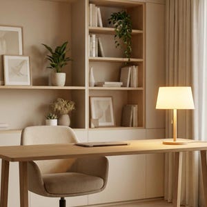 May include: A well-lit home office with a wooden desk, chair, and bookshelf. The desk has a lamp and a laptop. The bookshelf displays books, framed art, and potted plants. The room has a neutral color palette and a window with sheer curtains.