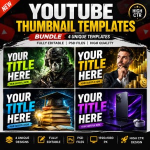 Puede incluir: Un paquete digital de cuatro plantillas para miniaturas de YouTube con marcadores de texto editables. Los diseños incluyen un soldado, una persona de negocios con monedas de oro, libros con un birrete y una computadora portátil.