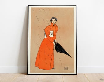 Edward Penfield Jugendstil Poster, Frau mit Regenschirm, Vintage Print