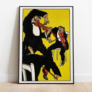 May include: A framed print featuring a stylized illustration of three musicians playing violins. The musicians are dressed in black suits with white shirts against a yellow background. The violins are red. The print is in a black frame.