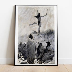 May include: A black and white illustration depicting a group of Native Americans. A man stands on a hilltop, arms raised, holding a staff. The other figures are seated below him, looking up.