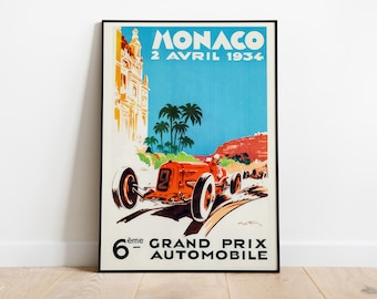 Monaco Grand Prix Poster, Vintage Racing Car Art Print, 1934