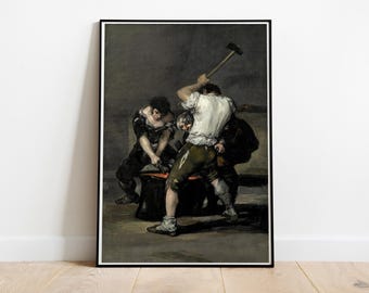 May include: A painting depicting three figures in a dimly lit room. Two figures are working on an anvil, while the third figure stands behind them, holding a hammer. The figures are dressed in simple clothing, and the scene is filled with a sense of realism and drama.