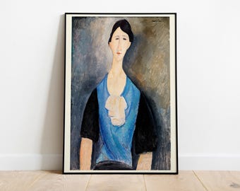 モディリアーニ「青いドレスを着た座る女性」絵画、版画、肖像画、美術