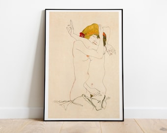 Poster „Zwei sich umarmende Frauen“ – Expressionistischer Kunstdruck von Egon Schiele – Museumsdekoration