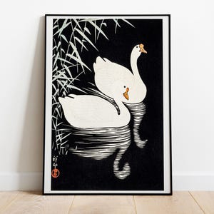 Ohara Koson, Oche cinesi bianche che nuotano tra le canne, 1928 - Arredamento per la casa, poster di alta qualità, carta semilucida di alta qualità