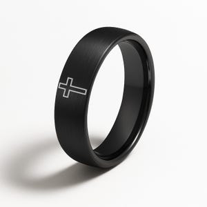 Heiliges Kreuz Schwarzer Wolframring: 6 mm Comfort Fit Ehering, kostenlose personalisierte Gravur