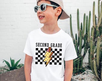 Chemise garçon deuxième année, tenue fille deuxième année, chemise enfant à carreaux premier jour d'école, cadeau étudiant deuxième année, T-shirt enfant deuxième année
