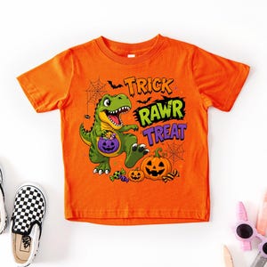 Dinosaur Halloween Shirt, Trick Rawr Treat Tee, Cute T Rex Trick or Treat Baby Bodysuit, Spooky Dino Pumpkin Shirt for Kids image 4