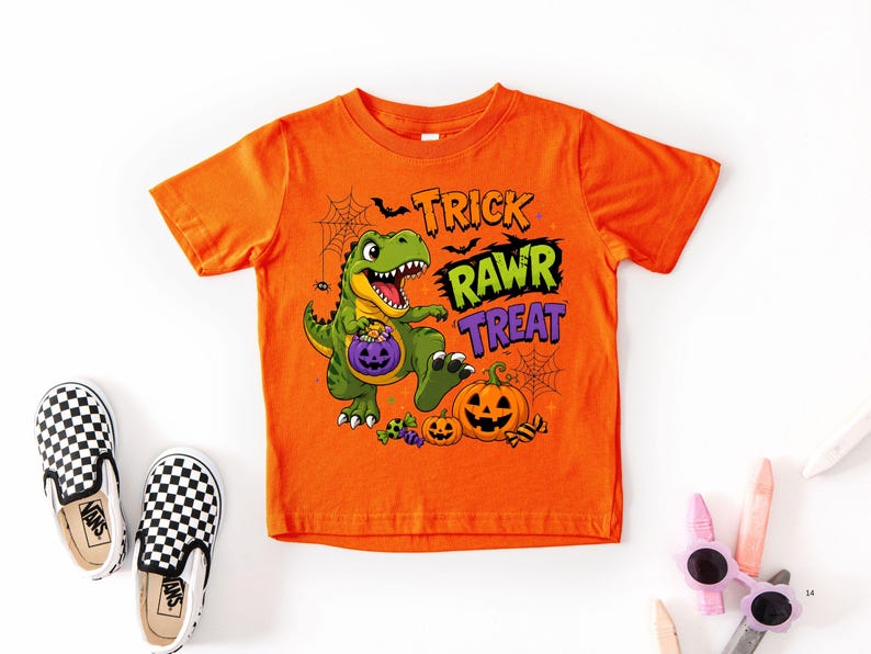 Dinosaur Halloween Shirt, Trick Rawr Treat Tee, Cute T Rex Trick or Treat Baby Bodysuit, Spooky Dino Pumpkin Shirt for Kids image 4