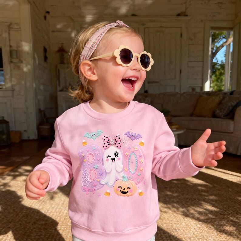 Puede incluir: Una sudadera de manga larga rosa claro con un estampado gr&aacute;fico que incluye la palabra BOO, un fantasma gui&ntilde;ando un ojo con un lazo de lunares, una calabaza, murci&eacute;lagos y caramelos. Se combina con gafas de sol color crema en forma de flor.