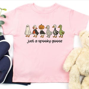 May include: A light pink t-shirt featuring a line of cartoon geese dressed in Halloween costumes, including a ghost, vampire, pumpkin, mummy, skeleton, and green goose. The text "just a spooky goose" is printed below the geese.