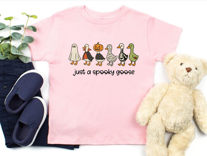 May include: A light pink t-shirt featuring a line of cartoon geese dressed in Halloween costumes, including a ghost, vampire, pumpkin, mummy, skeleton, and green goose. The text "just a spooky goose" is printed below the geese.