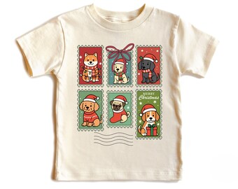 Coquette Bow Christmas Dog Stamps Shirt, Kids Holiday Animals Tee, Dog Lover Xmas Gift