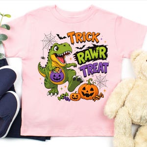 Dinosaur Halloween Shirt, Trick Rawr Treat Tee, Cute T Rex Trick or Treat Baby Bodysuit, Spooky Dino Pumpkin Shirt for Kids image 2