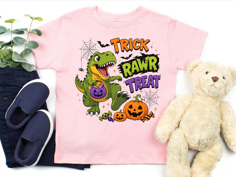 Dinosaur Halloween Shirt, Trick Rawr Treat Tee, Cute T Rex Trick or Treat Baby Bodysuit, Spooky Dino Pumpkin Shirt for Kids image 2