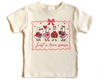 Just a Love Goose Kids T Shirt, Coquette Bow Goose Valentine Shirt, Toddler Valentine Tee, Baby Valentines Day Outfit, Valentine Youth Shirt