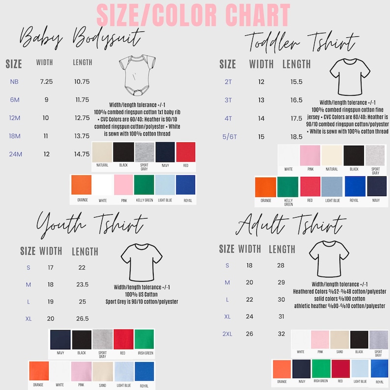 the size and color chart for a t - shirt