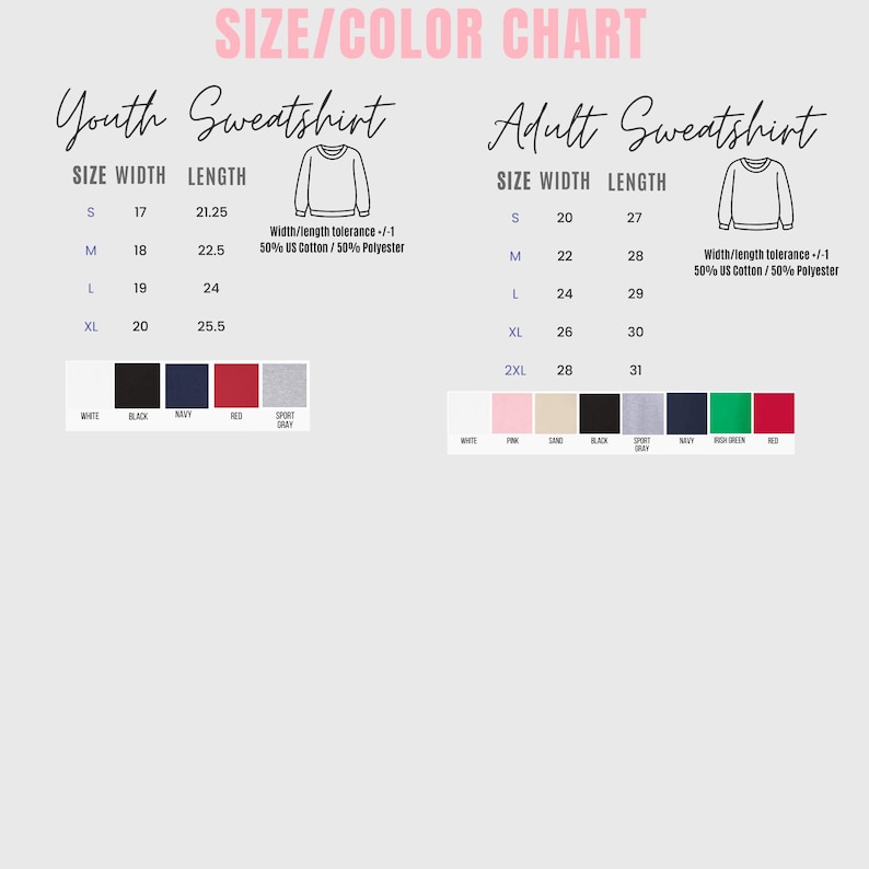 the size and color chart for a sweatshirt