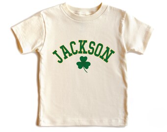 Custom Name St Patricks Day Shirt, Personalized Clover Baby Bodysuit, Green Shamrock Toddler Outfit, Retro Varsity Lucky Charm Kids Tee