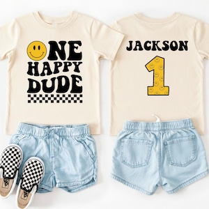 One Happy Dude Birthday Shirt & Baby Bodysuit, Smiley 1st Birthday Outfit, Custom First Birthday Gifts, Retro Groovy Birthday Party Tee image 2