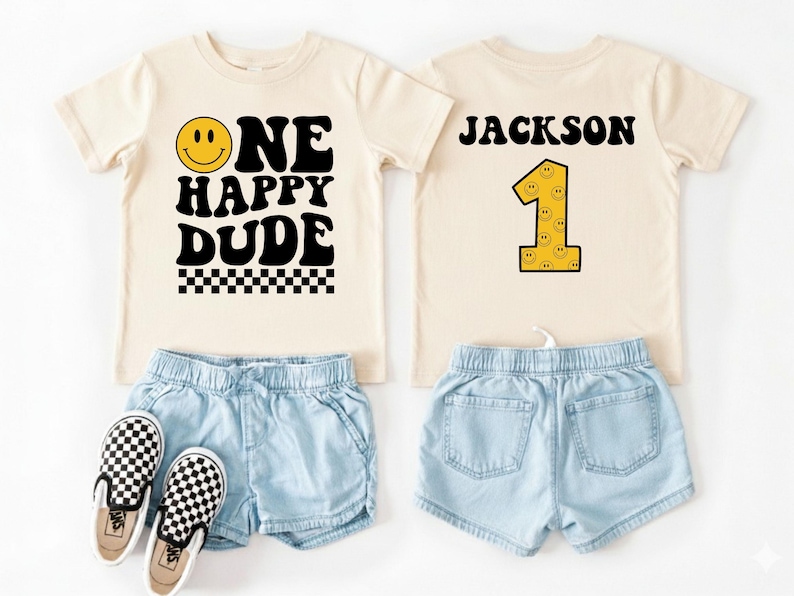 One Happy Dude Birthday Shirt & Baby Bodysuit, Smiley 1st Birthday Outfit, Custom First Birthday Gifts, Retro Groovy Birthday Party Tee image 2