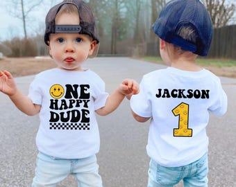 Custom One Happy Dude Birthday Shirt, 1st Birthday Outfit, First Birthday Gift, Retro Groovy Checkered Birthday Party Tee