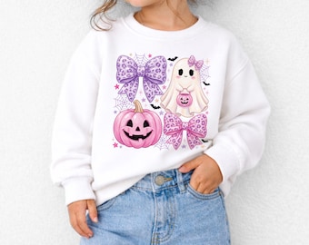 Girls Halloween Ghost Shirt, Pink Pumpkin and Leopard Bow Sweatshirt, Coquette Halloween Baby Bodysuit, Toddler Spooky Season Outfit