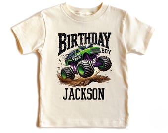 Personalized Monster Truck Birthday Boy Shirt, Custom Name Birthday Boy Gift Tee, Toddler Boy Monster Truck Birthday Party Shirt
