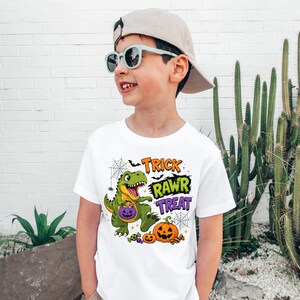 Dinosaur Halloween Shirt, Trick Rawr Treat Tee, Cute T Rex Trick or Treat Baby Bodysuit, Spooky Dino Pumpkin Shirt for Kids image 5