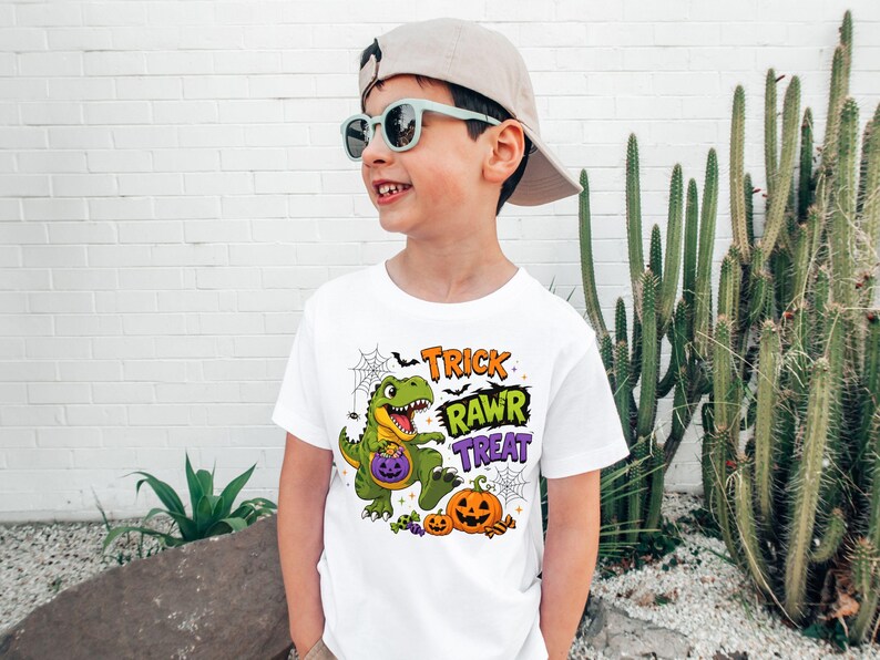 Dinosaur Halloween Shirt, Trick Rawr Treat Tee, Cute T Rex Trick or Treat Baby Bodysuit, Spooky Dino Pumpkin Shirt for Kids image 5