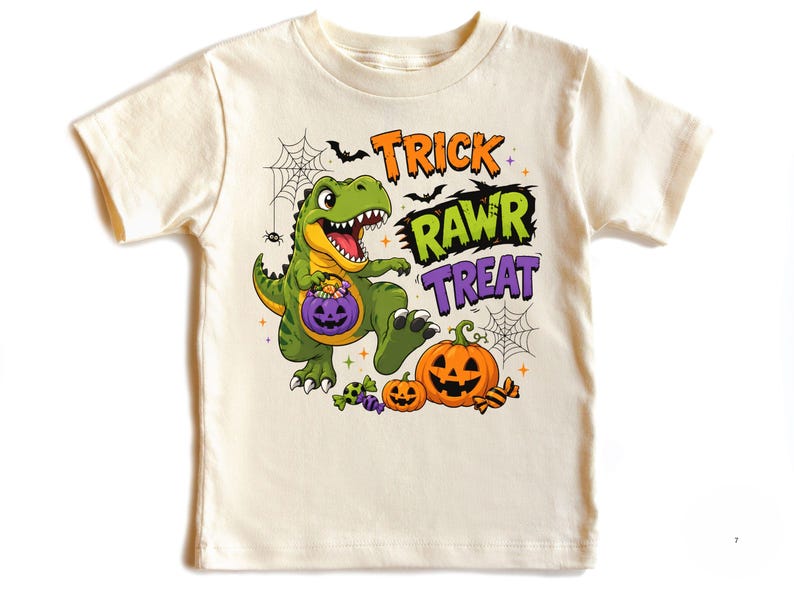 Cute Halloween dinosaur design featuring a smiling T-Rex carrying candy, Trick Rawr Treat lettering, jack-o-lantern pumpkins, bats, spiderwebs, and wrapped sweets.
