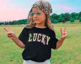Lucky St Patricks Day Girl Shirt, Pink Shamrock Toddler T-shirt, Retro Lucky Charm Baby Bodysuit, Saint Patricks Day Outfit, Clover Kids Tee