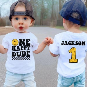 One Happy Dude Birthday Shirt & Baby Bodysuit, Smiley 1st Birthday Outfit, Custom First Birthday Gifts, Retro Groovy Birthday Party Tee image 1