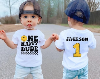 One Happy Dude Birthday Shirt & Baby Bodysuit, Smiley 1st Birthday Outfit, Custom First Birthday Gifts, Retro Groovy Birthday Party Tee